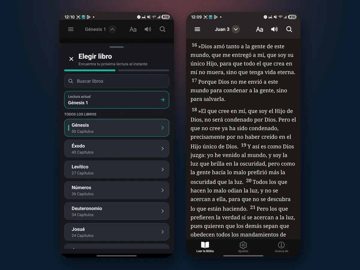 Biblia TLA app screens: the book list with the current reading and John 3 in the Traducción en Lenguaje Actual