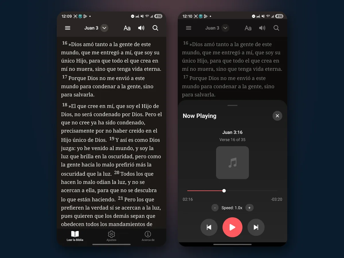 Juan 3:16 en la Traducción en Lenguaje Actual dentro de la app Biblia TLA, y el reproductor de audio leyendo el mismo pasaje