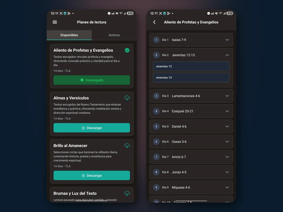 Pantallas de la app Biblia TLA: lista de planes de lectura de 14 días, con Aliento de Profetas y Evangelios descargado, y el detalle del plan día por día